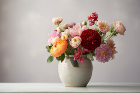 A bouquet of beautiful flowers in a white vase on a table opposite a plain wall. Interior design, decoration concept. Generative AIの素材