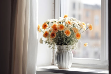 A bouquet of beautiful flowers in a vase on the windowsill near the window. Interior design, decoration concept. Generative AIの素材