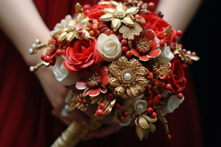 Woman holds a luxurious, colorful bouquet. Generative AIの素材