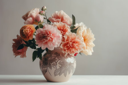 A bouquet of beautiful flowers in a white vase on a table opposite a plain wall. Interior design, decoration concept. Generative AIの素材