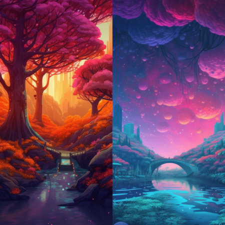 Magical landscape in bright colors, fictional world. Imagination and fantasy concept. Quadtych illustration. Generative AIの素材