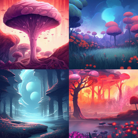 Enchanting forest with mushroom-shaped trees. Imagination, magic, whimsical landscape and fantasy concept. Quadtych illustration. Generative AIの素材