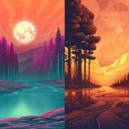Magical landscape in bright colors, fictional world. Imagination and fantasy concept. Quadtych illustration. Generative AIの素材