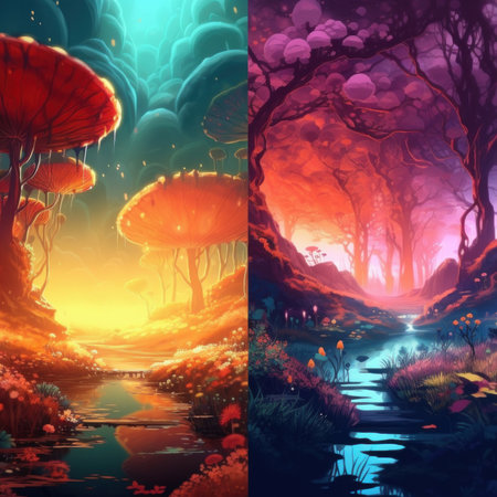 Enchanting forest with mushroom-shaped trees. Imagination, magic, whimsical landscape and fantasy concept. Diptych illustration. Generative AIの素材