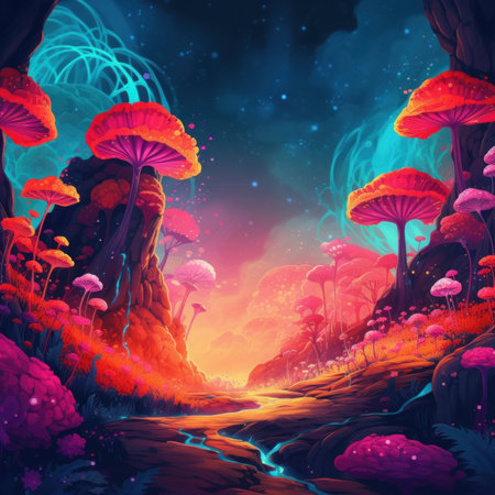 Enchanting forest with mushroom-shaped trees. Imagination, magic, whimsical landscape and fantasy concept. Generative AIの素材