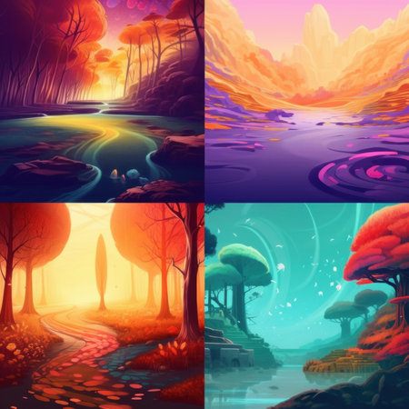 Magical landscape in bright colors, fictional world. Imagination and fantasy concept. Quadtych illustration. Generative AIの素材