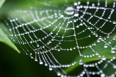 The spider web with dew drops, green leaves on the background. Generative AIの素材