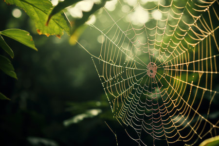 The spider web with dew drops, green leaves on the background. Generative AIの素材