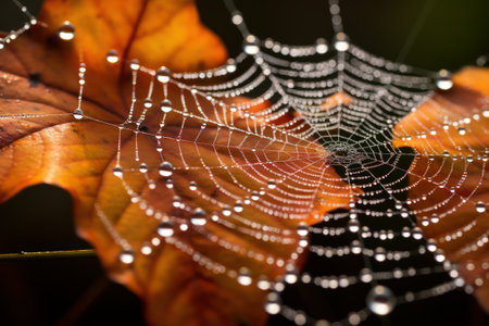 The spider web with dew drops, orange leaves on the background. Generative AIの素材