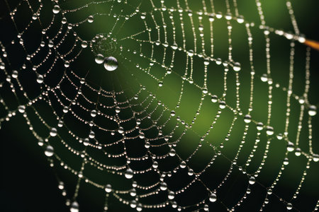 The spider web with dew drops, green leaves on the background. Generative AIの素材
