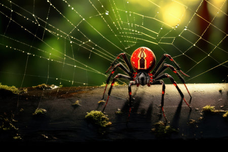 Spider sitting in a spider web, macro photo. Generative AIの素材