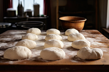 Raw dough balls and flour on wooden kitchen table. Generative AIの素材