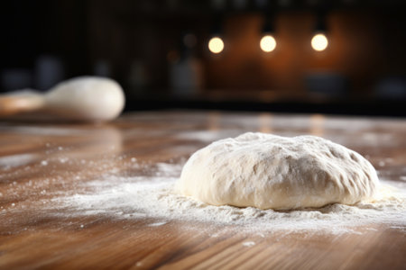 Ball of pizza dough and flour on wooden kitchen table. Generative AIの素材