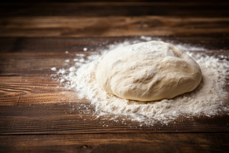 Ball of pizza dough and flour on wooden kitchen table. Generative AIの素材