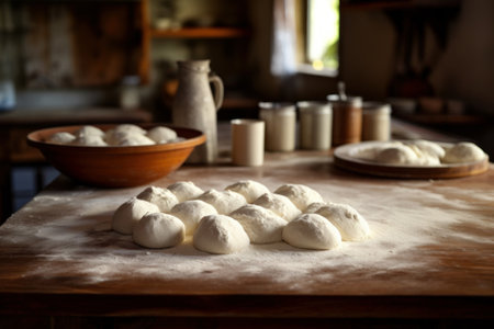 Raw dough balls and flour on wooden kitchen table. Generative AIの素材