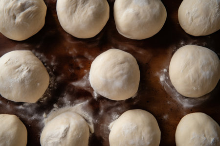 Raw dough balls and flour on wooden background, top view. Generative AIの素材