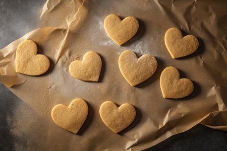 Heart shaped cookies on baking parchment paper. Generative AIの素材