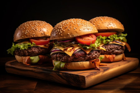 Three beef burgers with sauce on wooden cutting board. Generative AIの素材