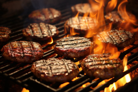 Juicy beef hamburger patties on the barbecue grill. Generative AIの素材