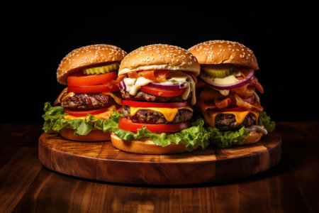 Three beef burgers with sauce on wooden cutting board. Generative AIの素材
