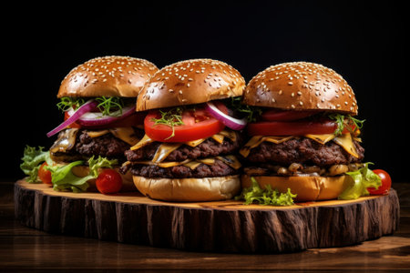 Three beef burgers with sauce on wooden cutting board. Generative AIの素材