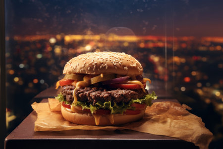 Delicious burgers with beef, tomato, cheese on wooden table, town on background. Generative AIの素材