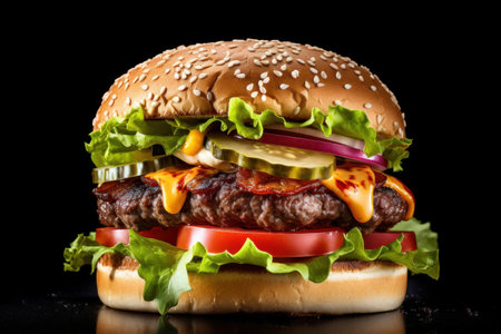 Delicious burgers with beef, tomato, cheese on dark background. Generative AIの素材