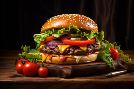 Beef burgers with sauce on wooden cutting board, dark background. Generative AIの素材