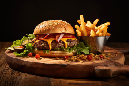 Delicious burgers with beef, tomato, cheese, french fries on wooden board. Generative AIの素材