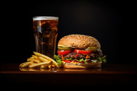 Beef burgers with french fries and drink soda, black background. Generative AIの素材
