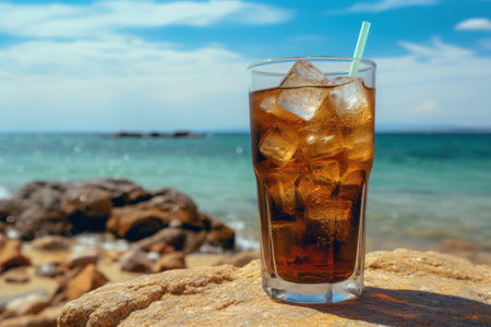 Soda drink with ice in glass, sea on backgroundの素材