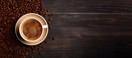 Cup of coffee and coffee beans on wooden background. Copy space, horizontal banner, top viewの素材