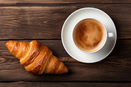 Cup of coffee with croissant on wooden background. Top viewの素材