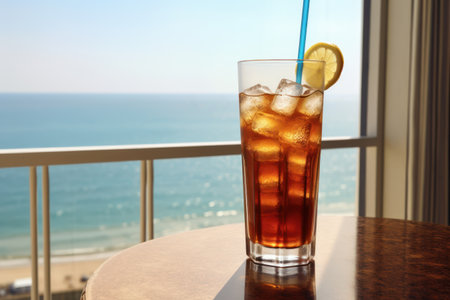 Soda drink with ice in glass on wooden table in cafe, sea on backgroundの素材