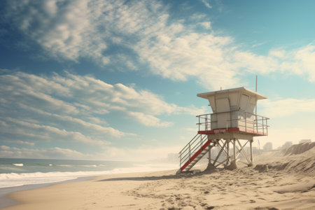 Rescue cabin on golden beach. Generative AIの素材