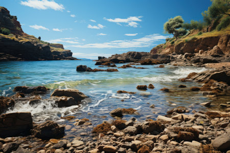 Coast rocks beach and waves, summer landscape. Generative AIの素材