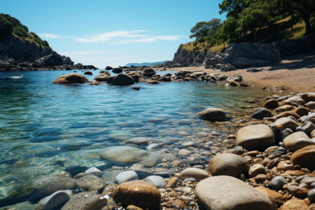 Coast rocks beach and waves, summer landscape. Generative AIの素材