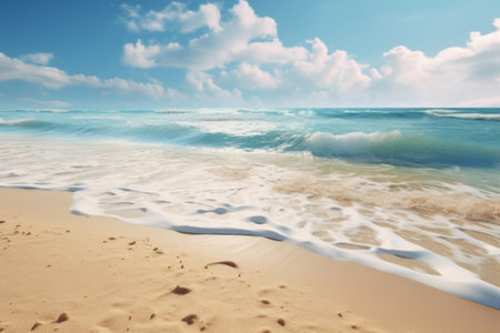 Sandy beach, turquoise ocean and waves, summer landscape. Generative AIの素材