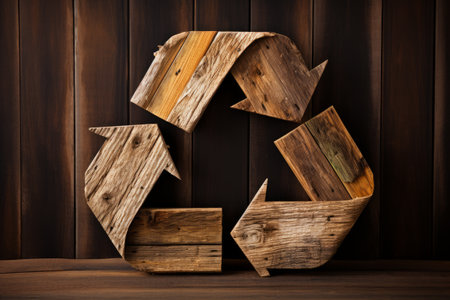 Recycling sign made of wood on wooden background. Environmental protection, ecology, recycling conceptの素材