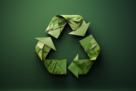 Recycling symbol made of green paper against green background. Environmental protection, ecology, recycling conceptの素材