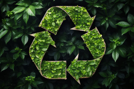 Recycling sign made of grass on leaves background. Environmental protection, ecology, recycling conceptの素材
