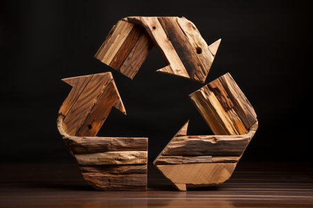 Recycling symbol made of wood against dark background. Environmental protection, ecology, recycling conceptの素材