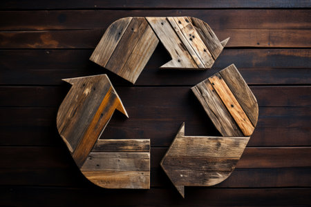 Recycling symbol made of wood against dark background. Environmental protection, ecology, recycling conceptの素材