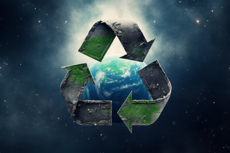 Recycling symbol, Earth in background. Environmental protection, ecology, recycle conceptの素材