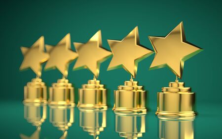 Five golden rating star in light green background.の写真素材