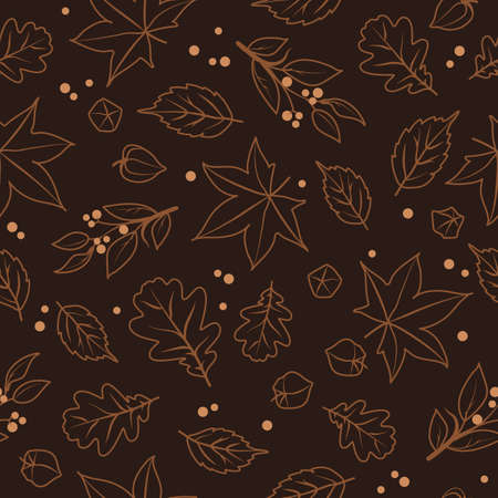 Vector Autumn Leaves in a Duo Color seamless pattern on Dark brown background. Perfect for fabric, scrapbooking, wallpaper projectsのイラスト素材