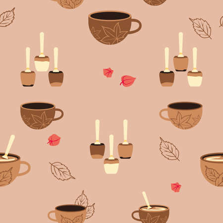 Vector Hot Chocolate and Chocolate Spoons seamless pattern on warm medium brown background. Perfect for fabric, scrapbooking, wallpaper projectsのイラスト素材