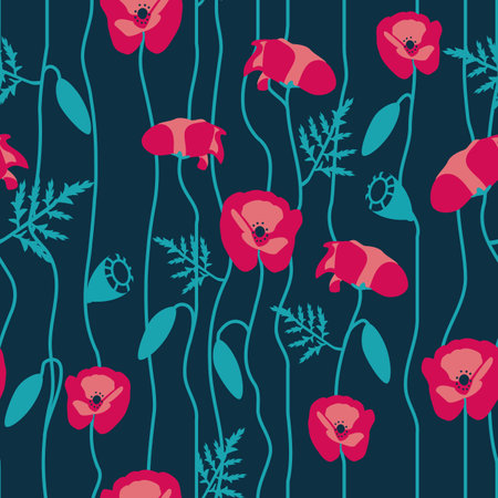 Red Poppies on dark Green Forest backgroundのイラスト素材