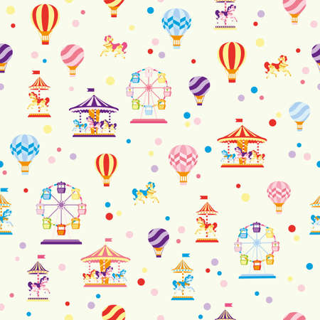 Vector Fun Fair, Carousel, Hot air Balloons and Ferris wheels seamless pattern background. Perfect for fabric, scrapbooking, wallpaper projectsのイラスト素材