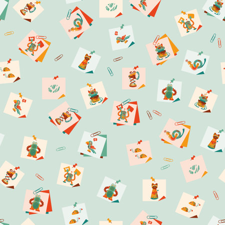 Cute, Simple, Sticky notes of Colorful Robot portraits in green, orange, yellow and reddish colors on a light backgroundのイラスト素材